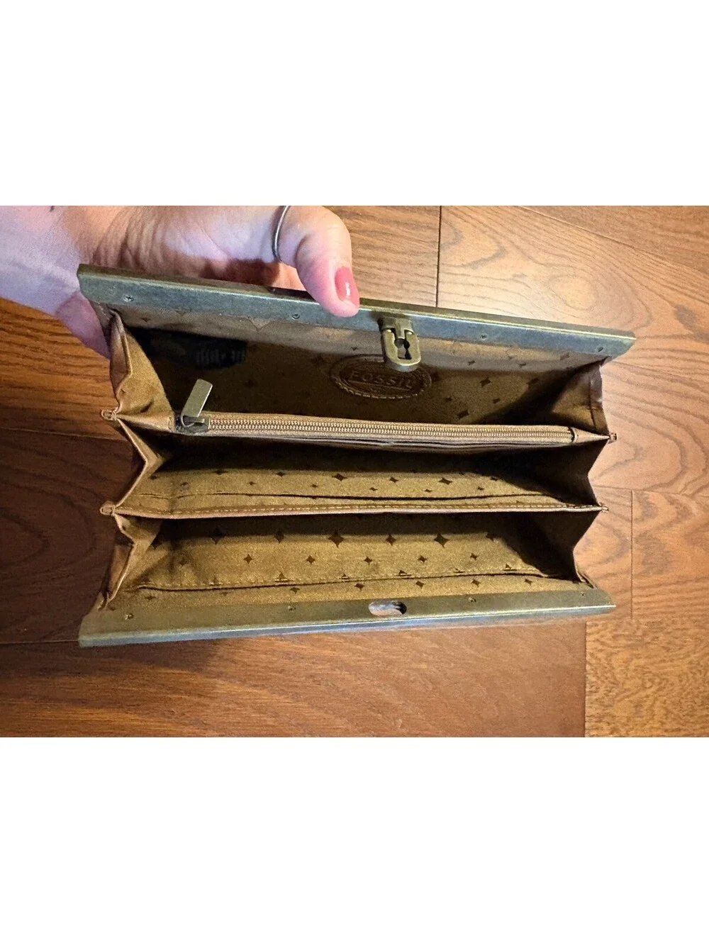 Fossil Leather Frame Clutch Wallet Brown Brass Vintage